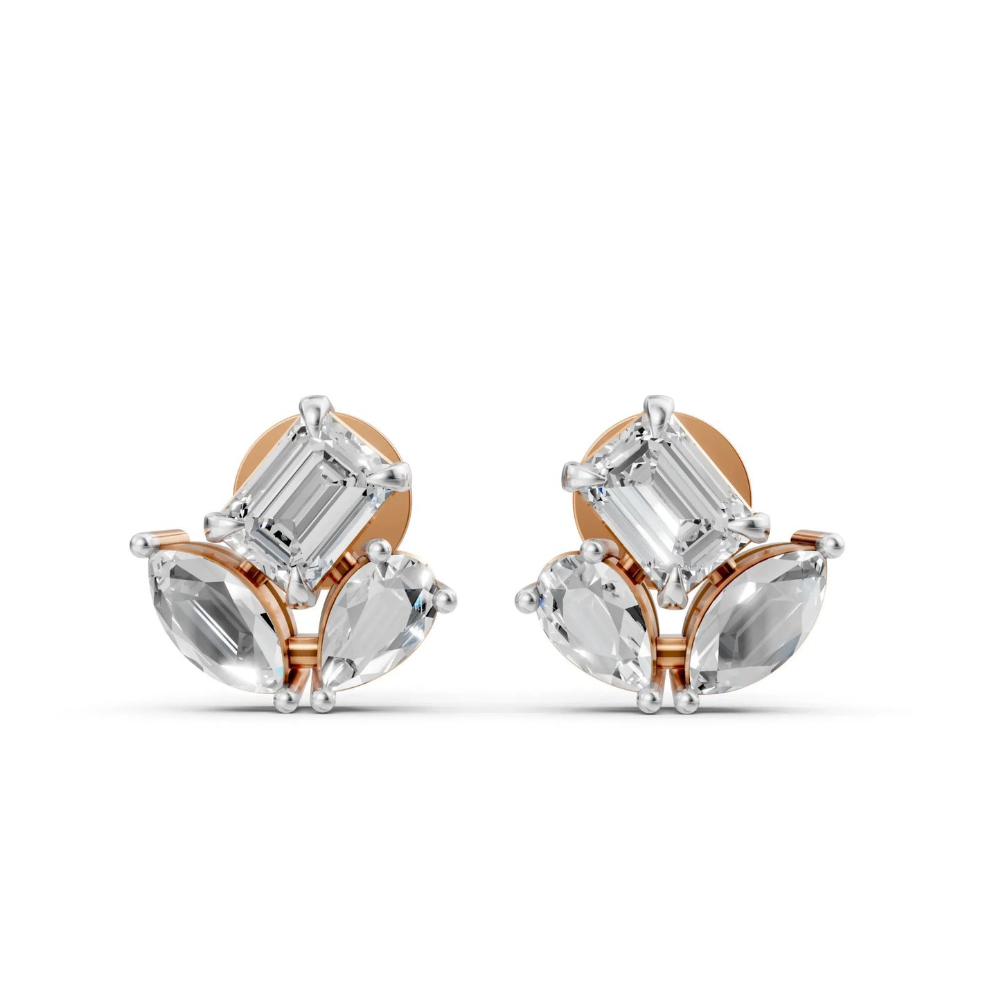 Marquise and Emerald-Cut Diamond Stud Earrings Rose Gold