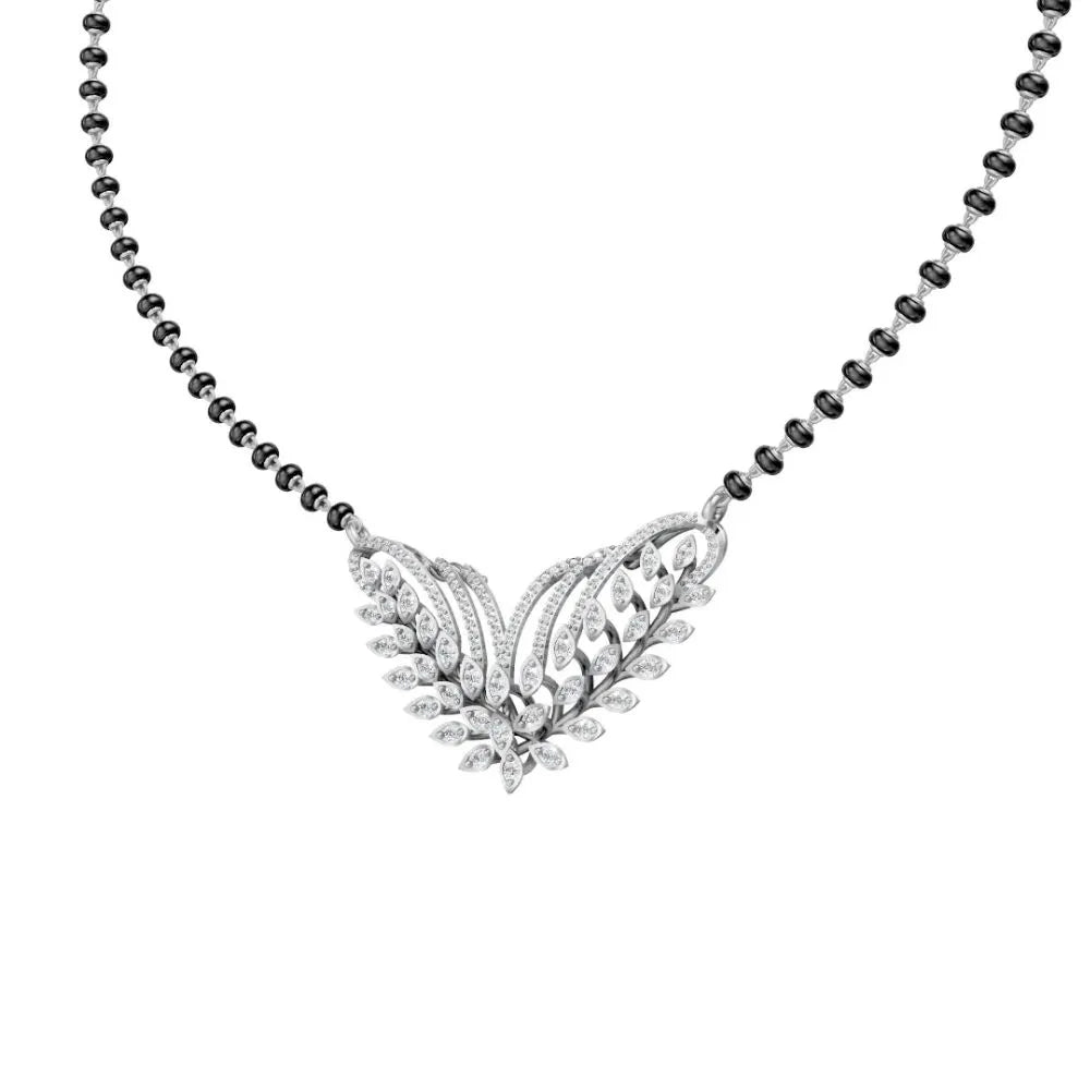 Leaf Motif Diamond Mangalsutra with Elegant Dual Curve Design White Gold