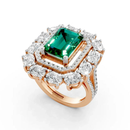 Emerald-Cut Center Diamond Ring with Halo Rose Gold