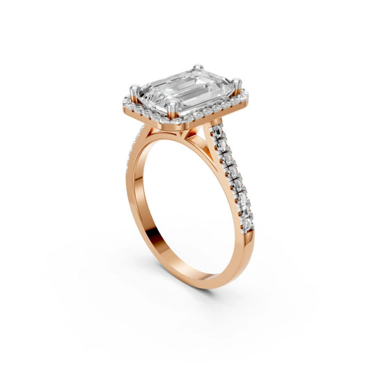 Halo Emerald-Cut Diamond Ring Rose Gold