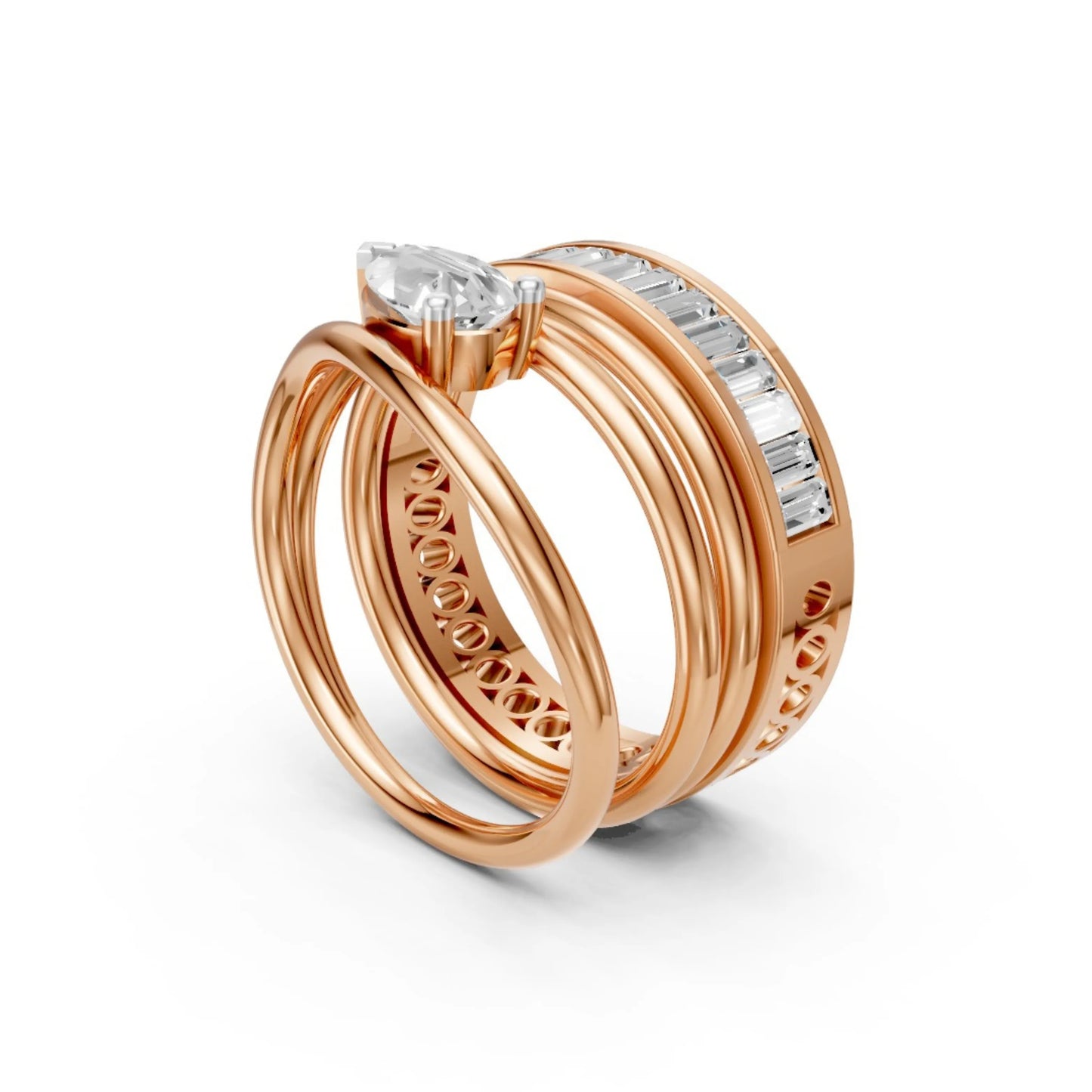 Pear Solitaire & Baguette Eternity Ring Set Rose Gold