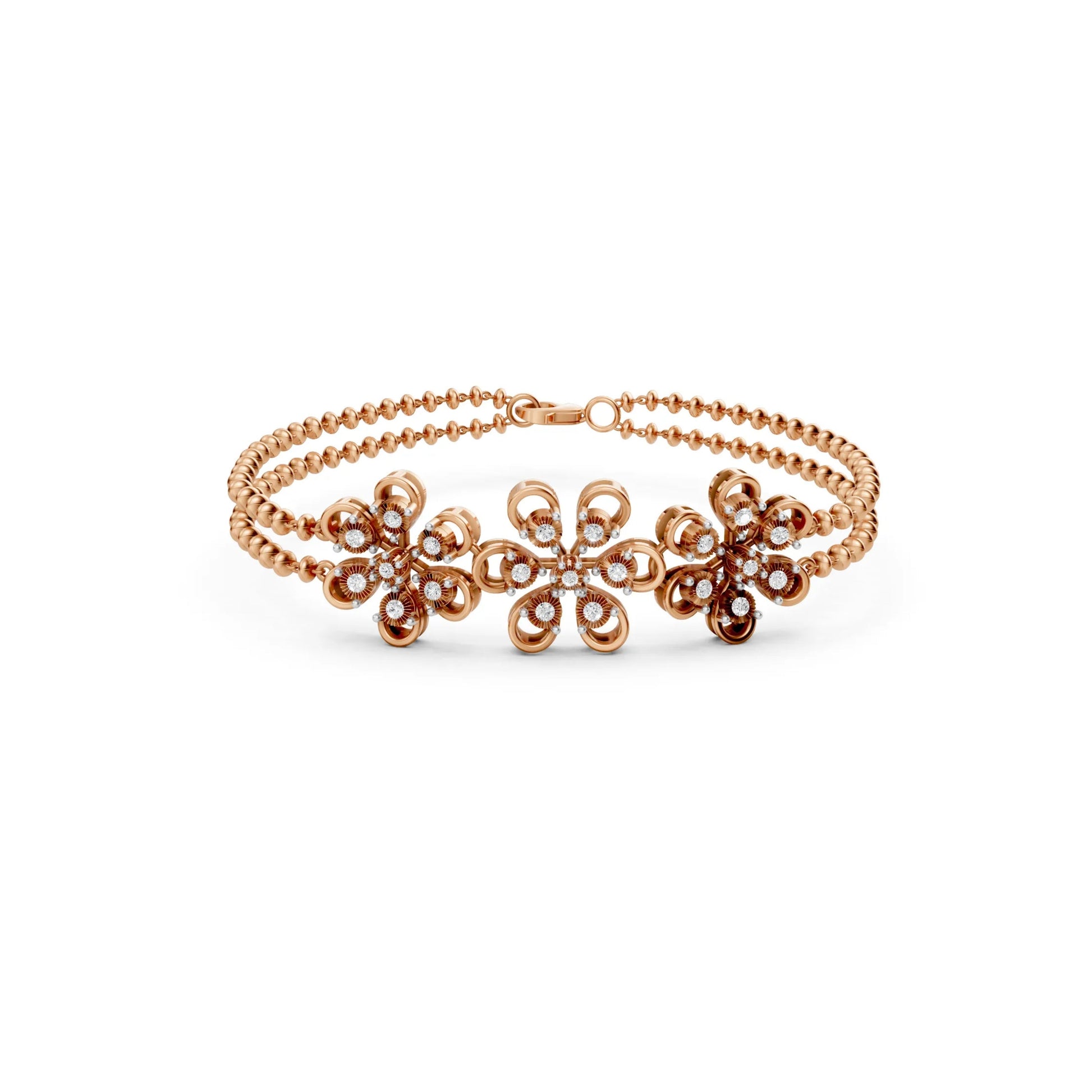 Floral Diamond Bracelet with Double Bead Chain Rose Gold