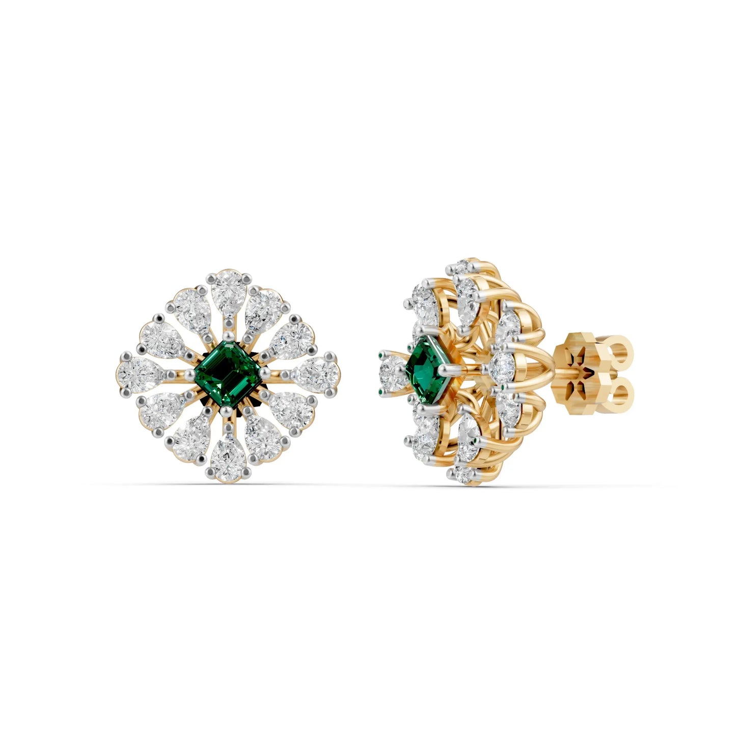 Emerald-Centered Stud Earrings Yellow Gold
