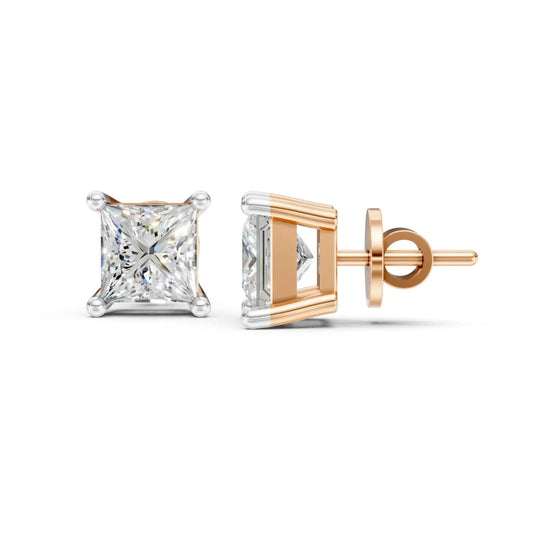 Princess Cut Diamond Stud Earrings Rose Gold 
