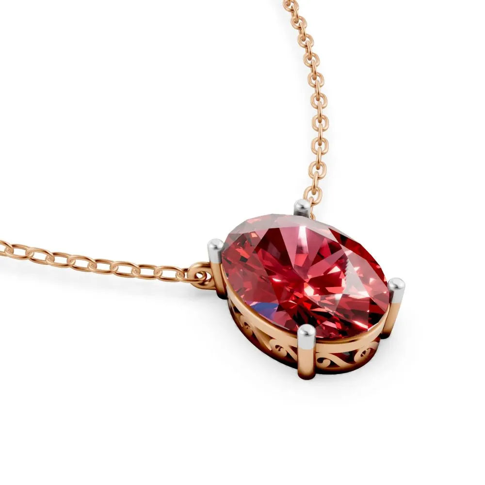 Oval-Cut Red Color Stone Solitaire Necklace Rose Gold