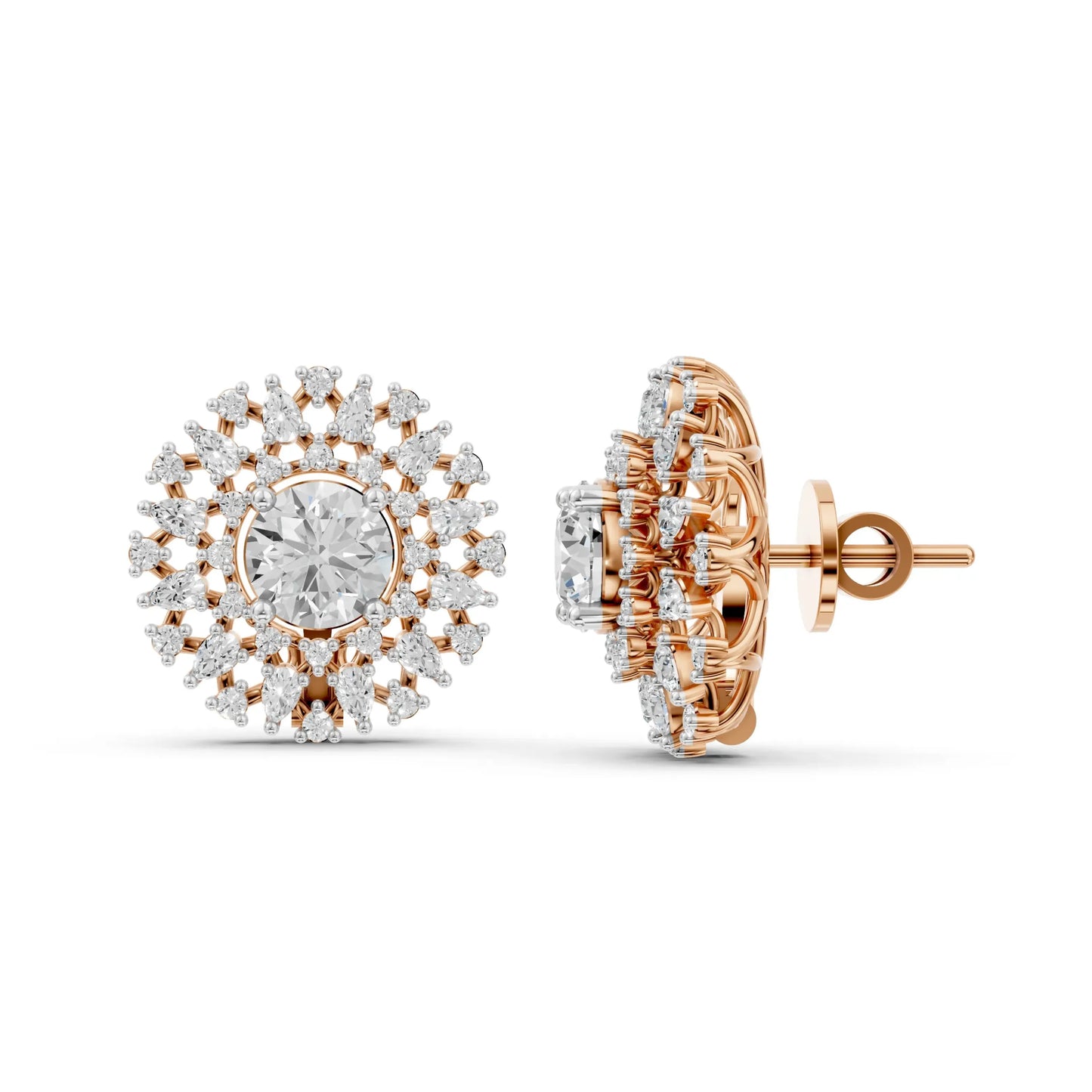 Round and Marquise Diamond Floral Stud Earrings Rose Gold