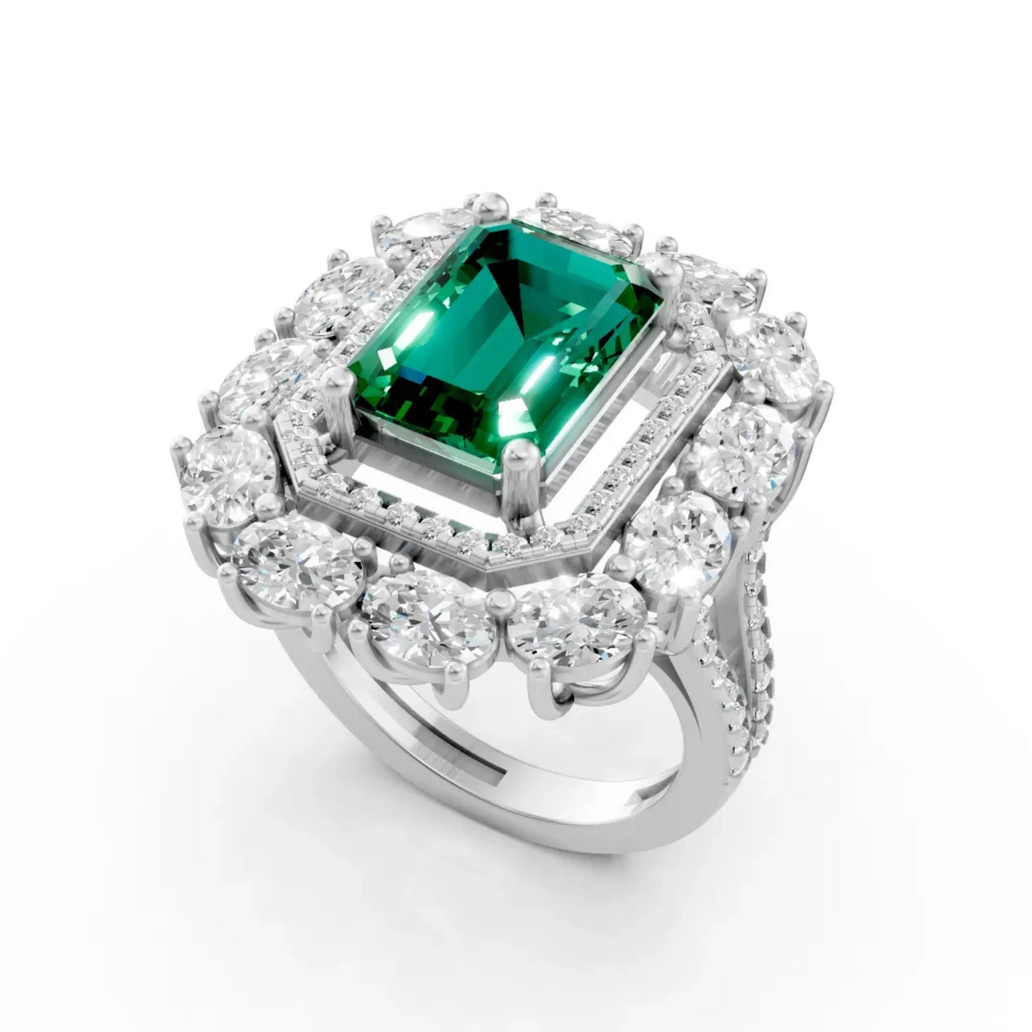 Emerald-Cut Center Diamond Ring with Halo White Gold