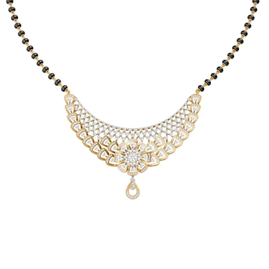 Designer Diamond Mangalsutra with Net-Inspired Floral Pendant Yellow Gold