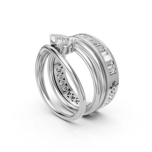 Pear Solitaire & Baguette Eternity Ring Set White Gold