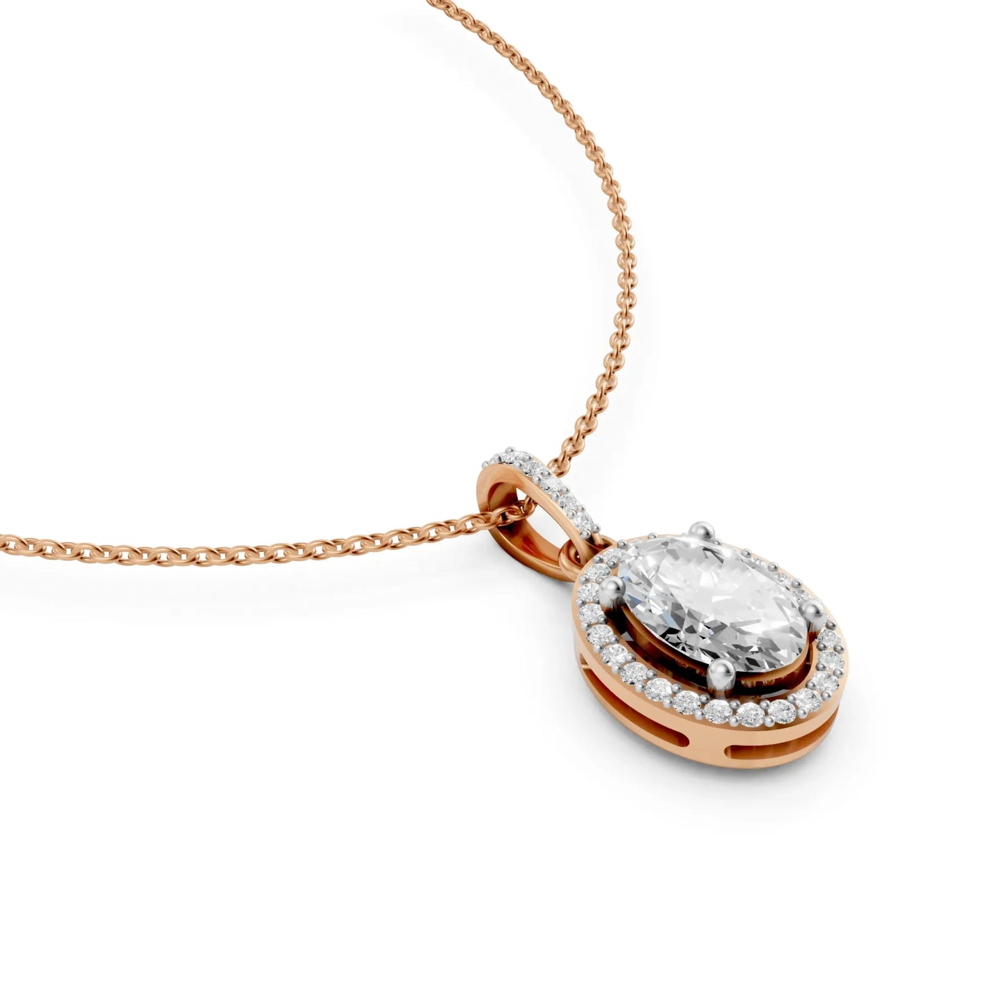 Classic Oval Cut Diamond Pendant with Halo Setting Rose Gold