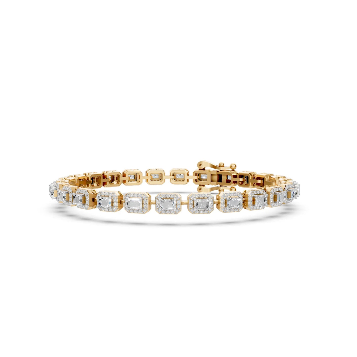 Emerald-Cut Halo Diamond Tennis Bracelet Yellow Gold