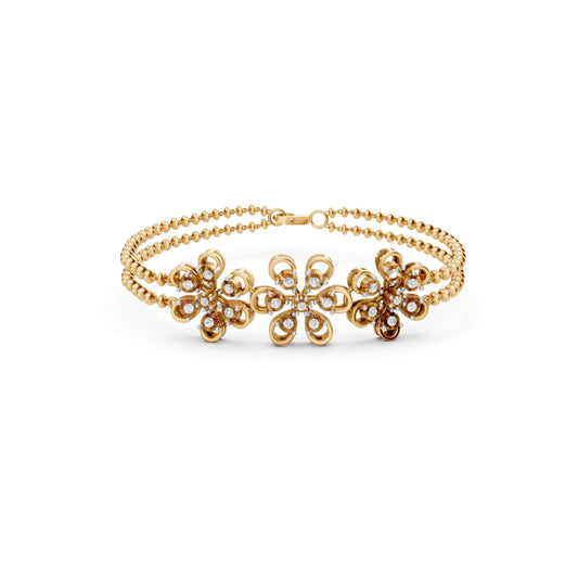 Floral Diamond Bracelet with Double Bead Chain Yellow Gold