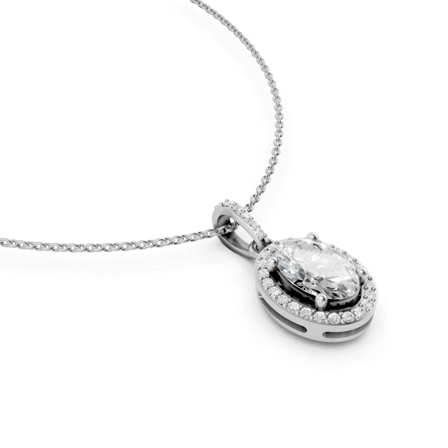 Classic Oval Cut Diamond Pendant with Halo Setting White Gold