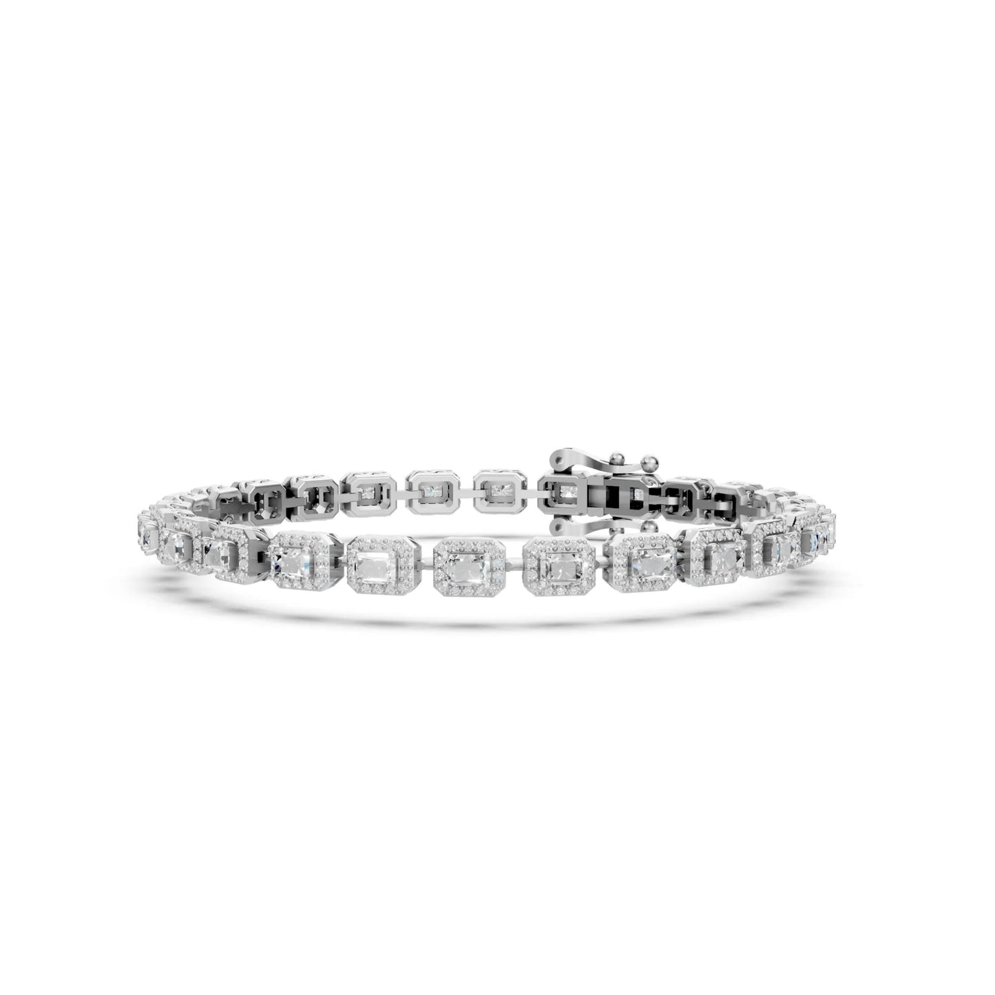 Emerald-Cut Halo Diamond Tennis Bracelet White Gold