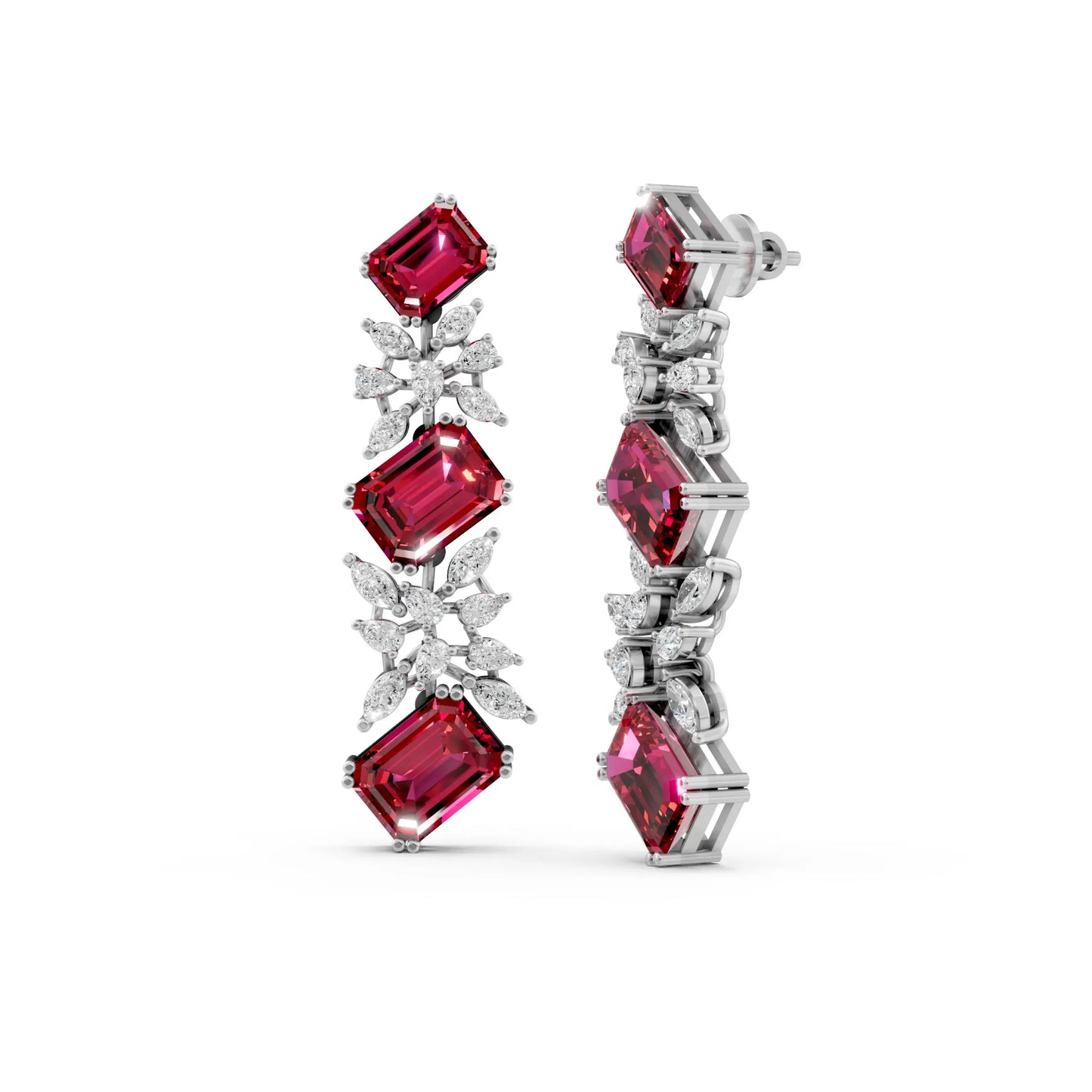Emerald-Cut Ruby and Diamond Cascade Earrings White Gold