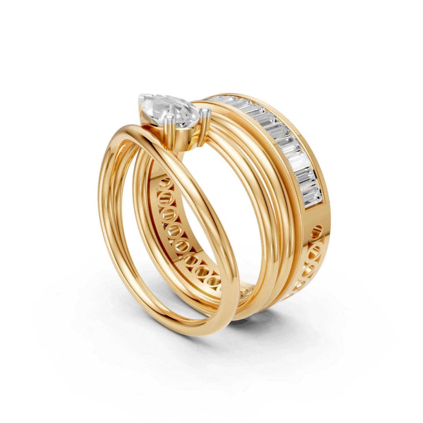 Pear Solitaire & Baguette Eternity Ring Set Yellow Gold