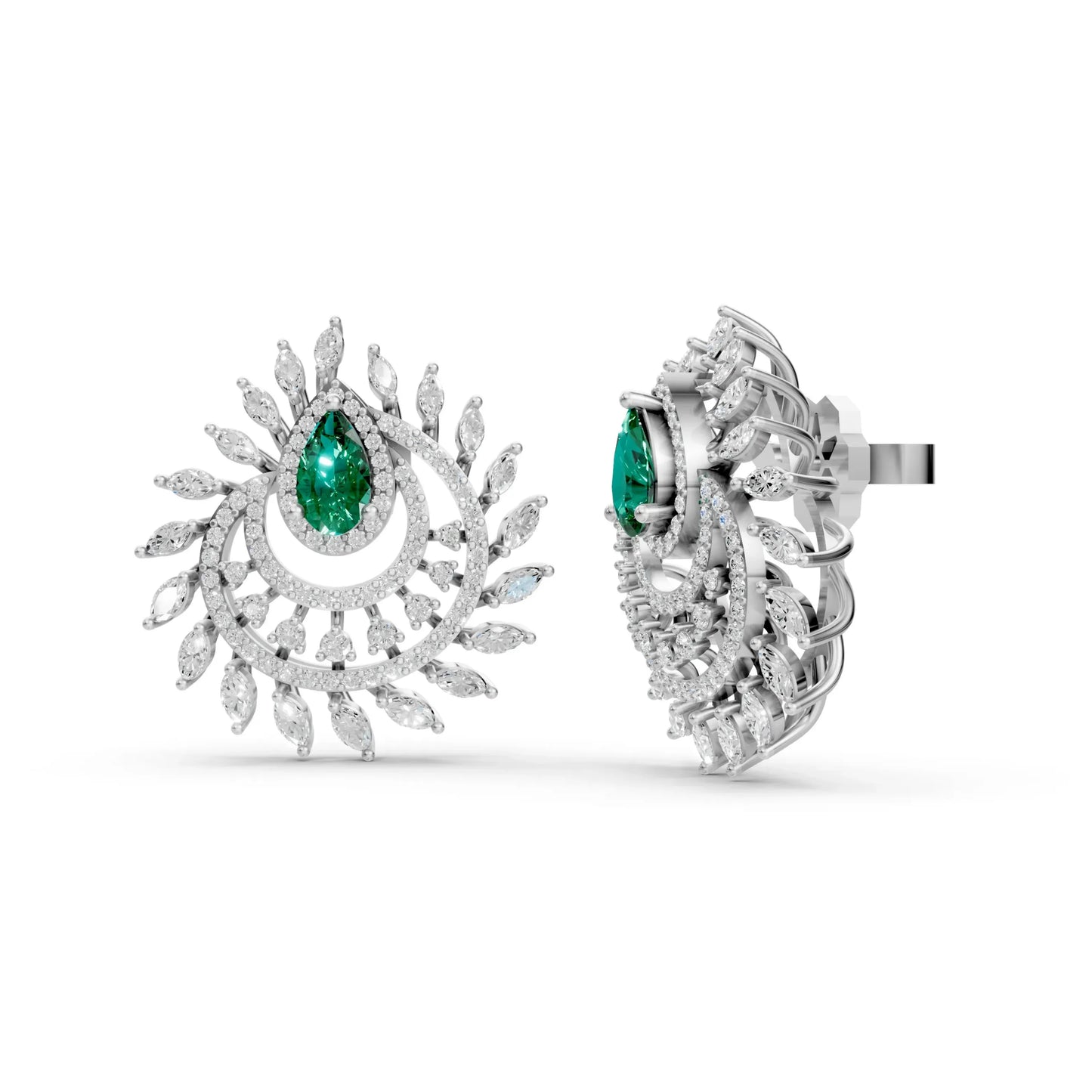 Pear Emerald Earrings with Marquise and Round Diamonds White Gold