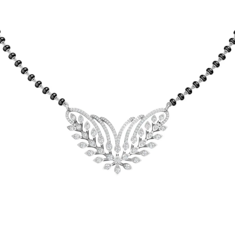 Leaf Motif Diamond Mangalsutra with Elegant Dual Curve Design White Gold