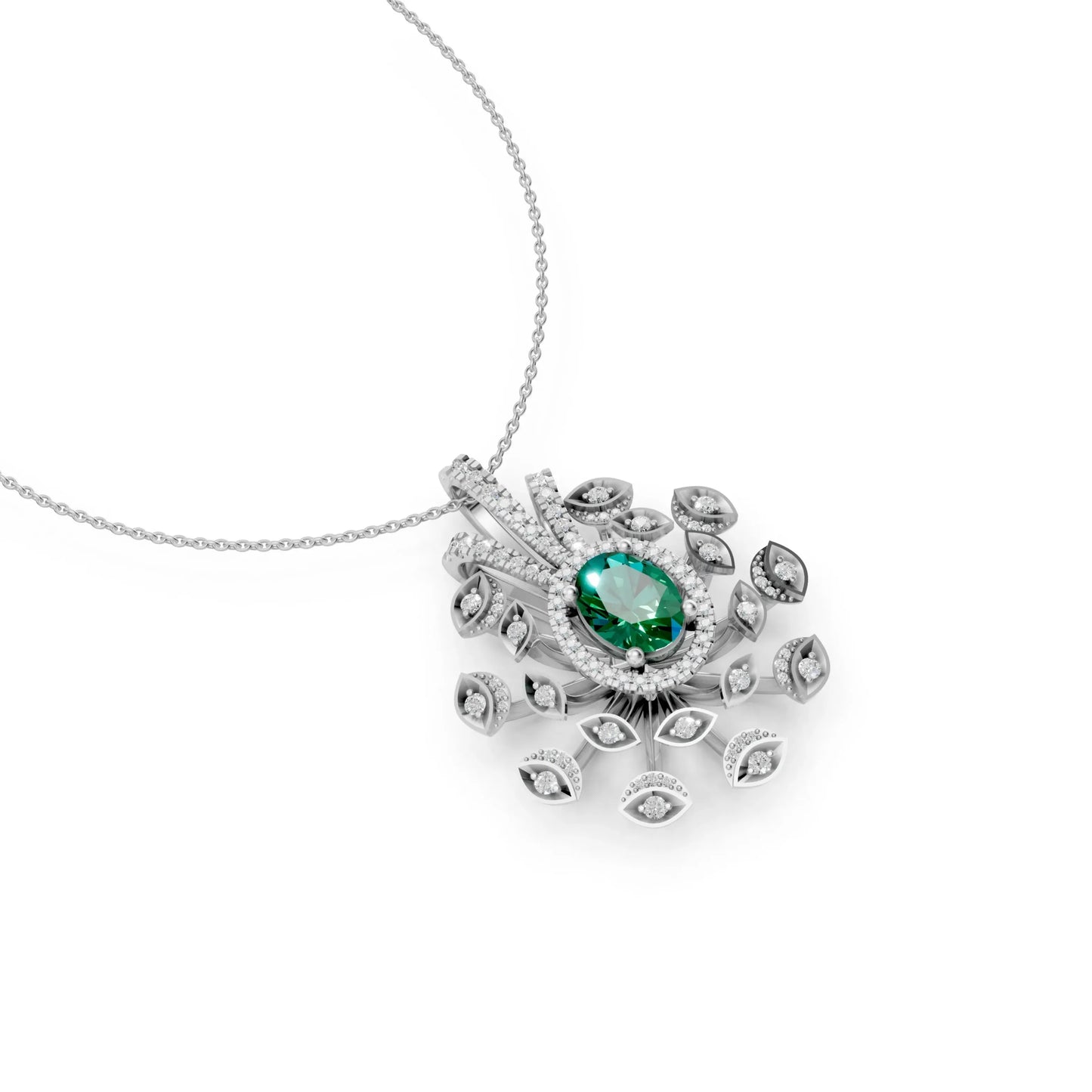 Peacock Feather Green Pendant White Gold