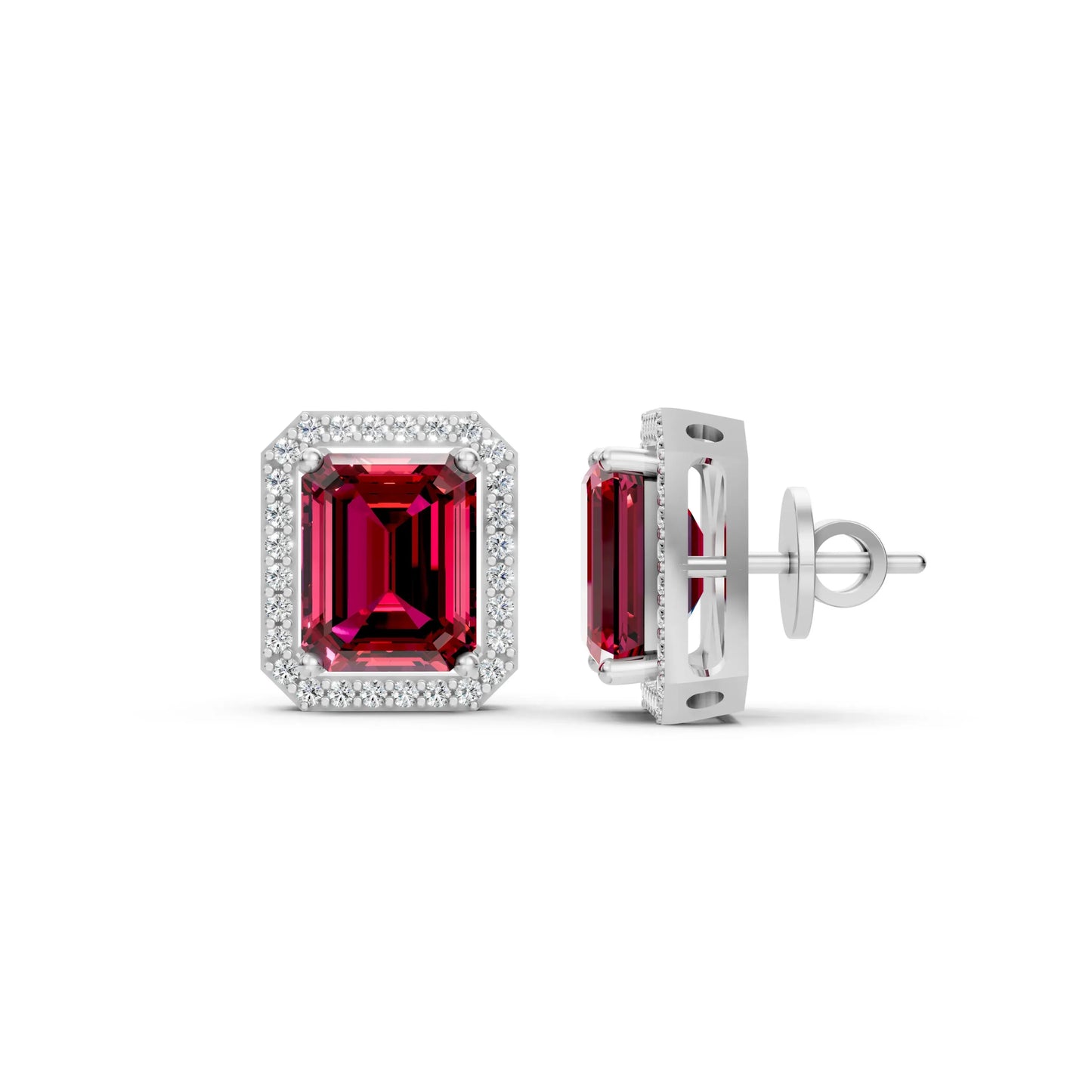 Emerald-Cut Color Stone Stud Earrings White Gold