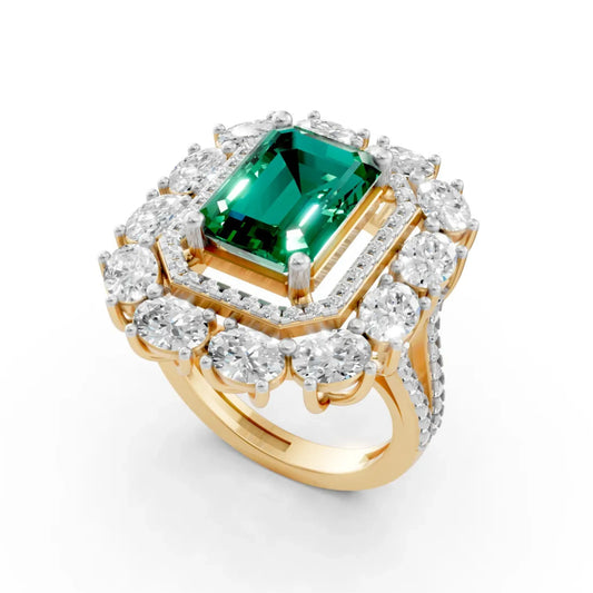 Emerald-Cut Center Diamond Ring with Halo Rose Gold