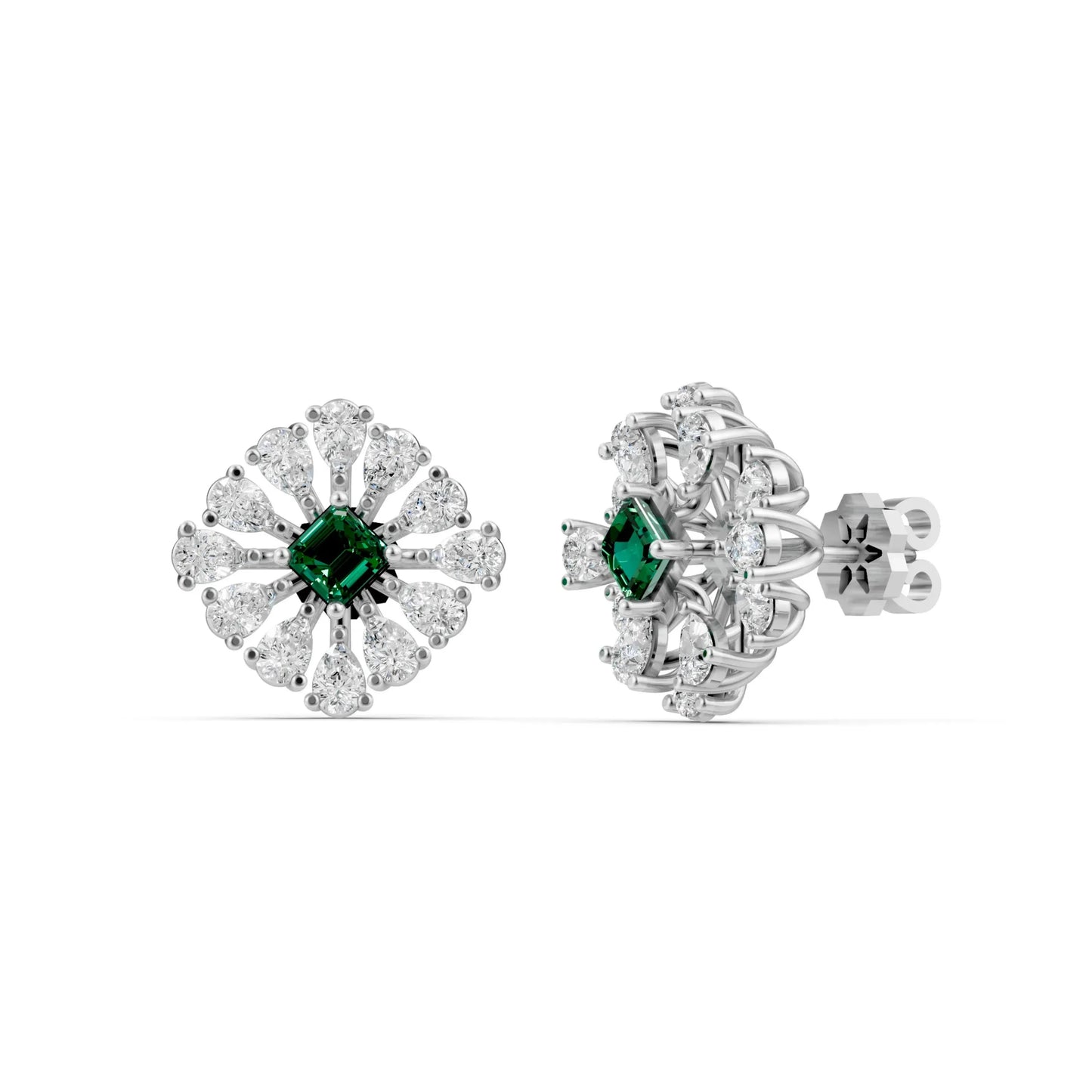 Emerald-Centered Stud Earrings White Gold