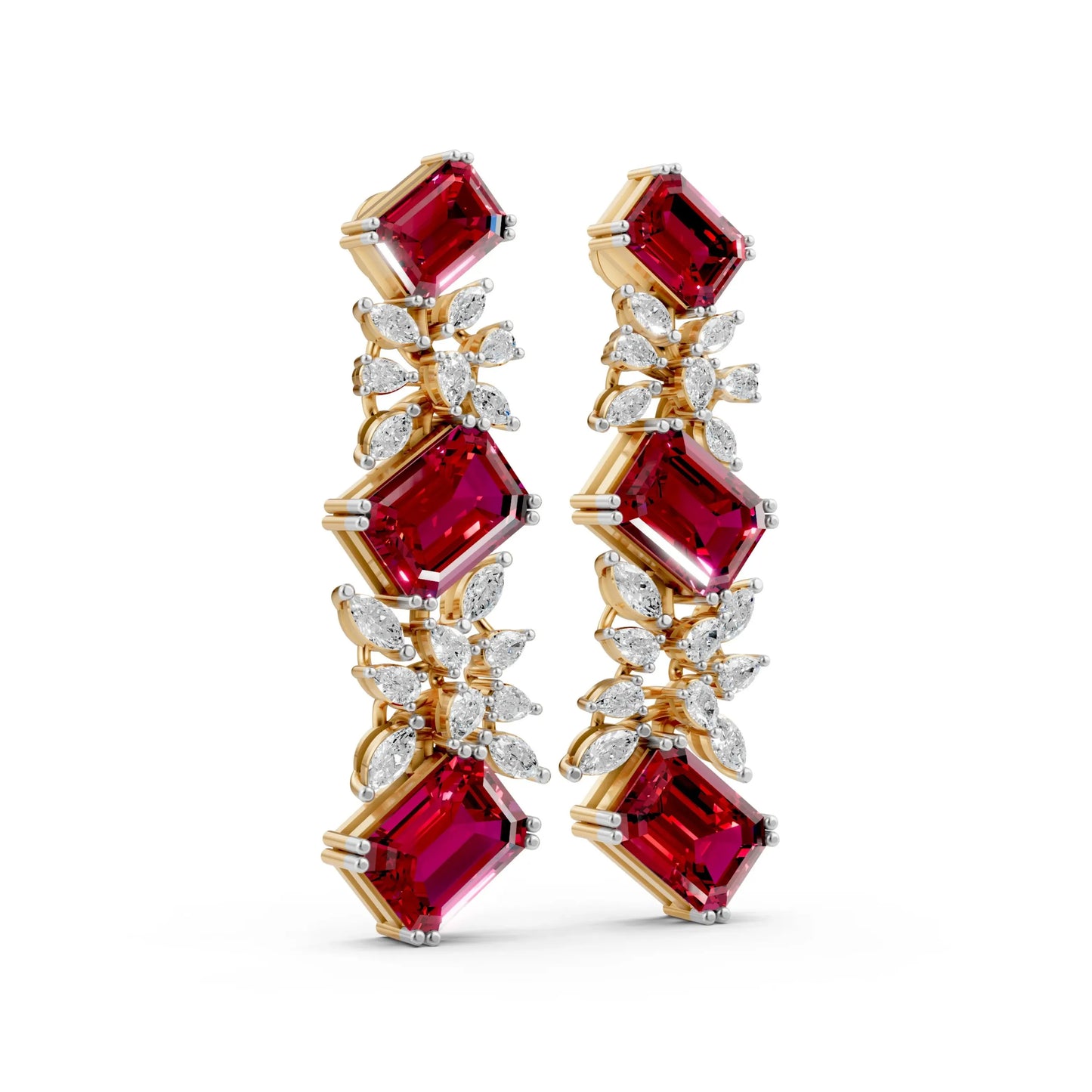 Emerald-Cut Ruby and Diamond Cascade Earrings Yellow Gold