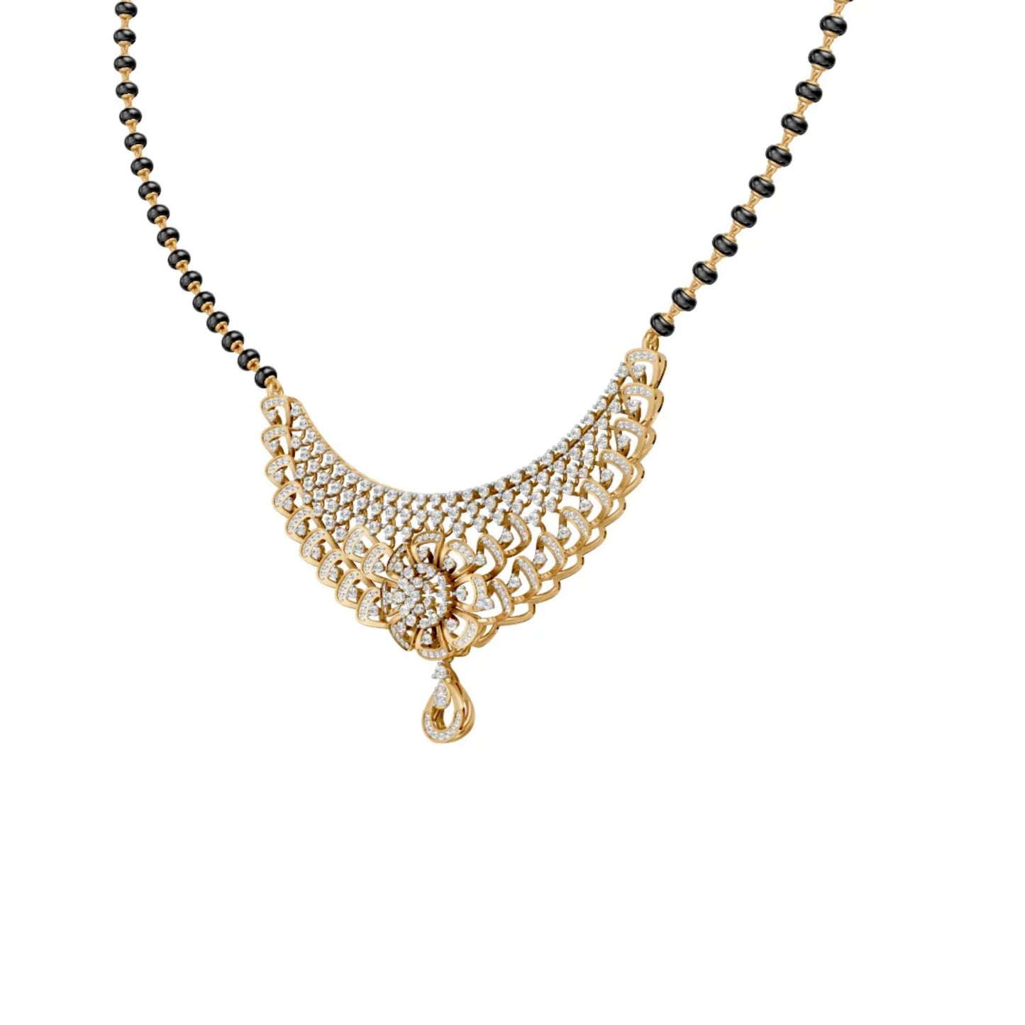 Designer Diamond Mangalsutra with Net-Inspired Floral Pendant Yellow Gold