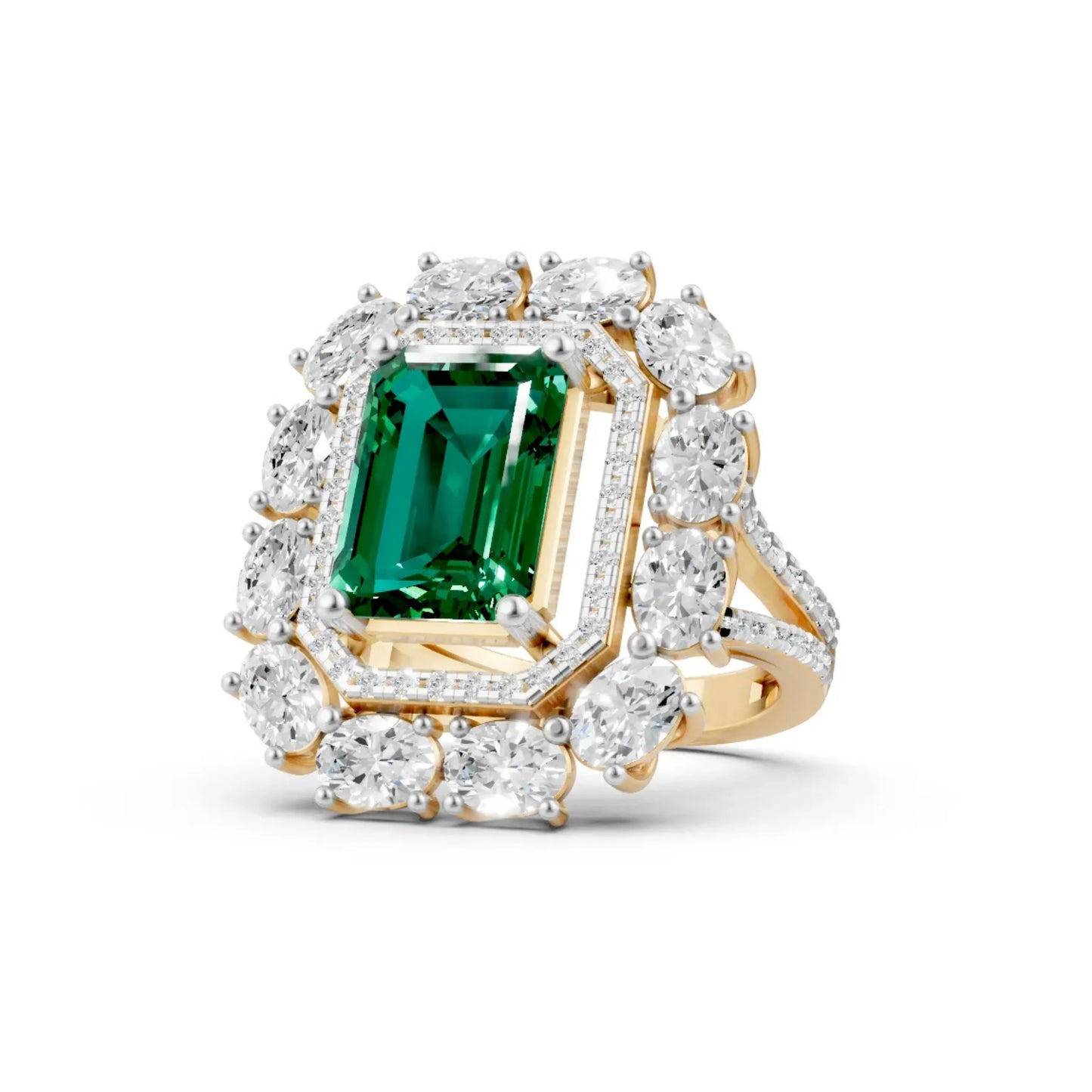 Emerald-Cut Center Diamond Ring with Halo Yellow Gold