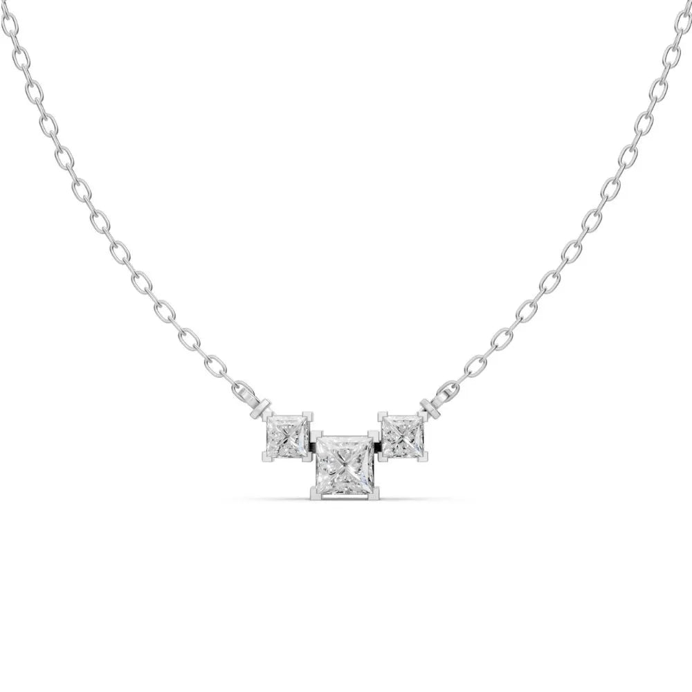 Princess-Cut Three Stone Lab Diamond Necklace White Gold 
