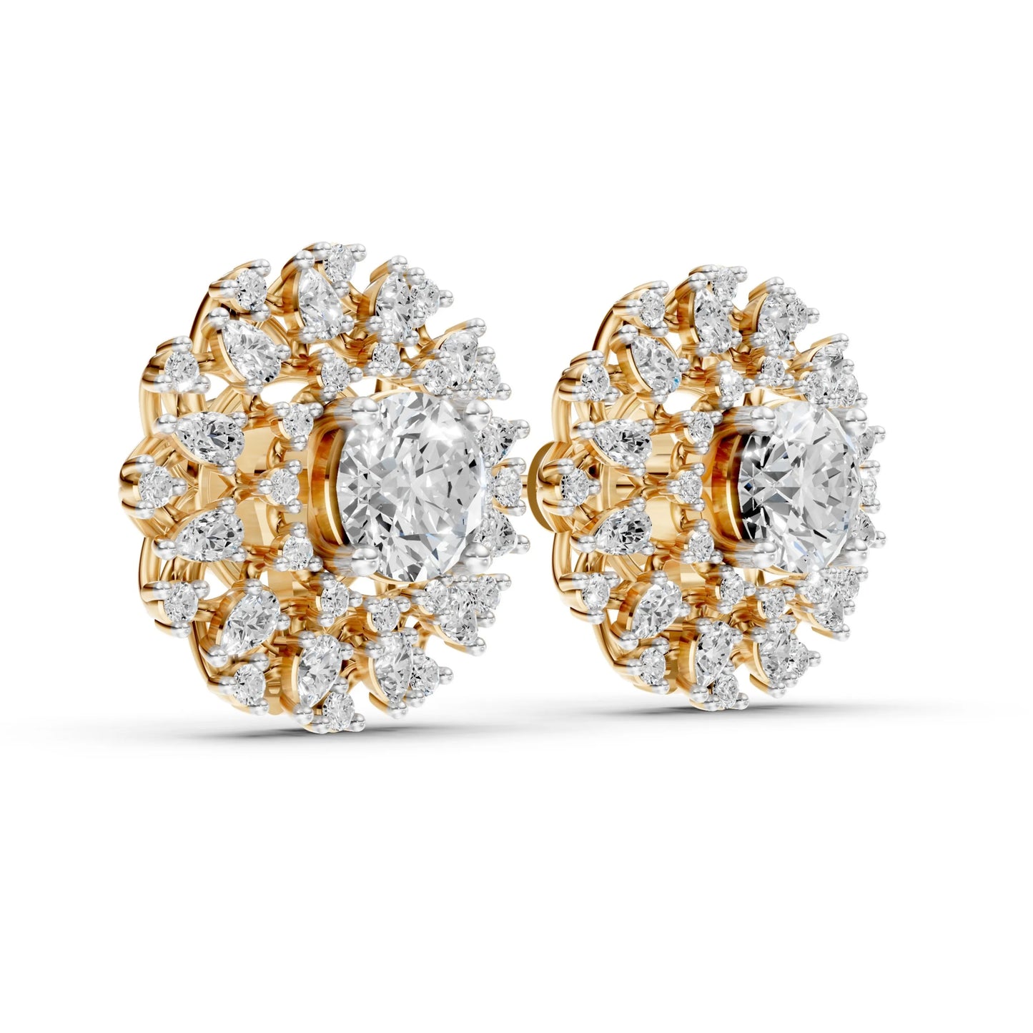 Round and Marquise Diamond Floral Stud Earrings Yellow Gold