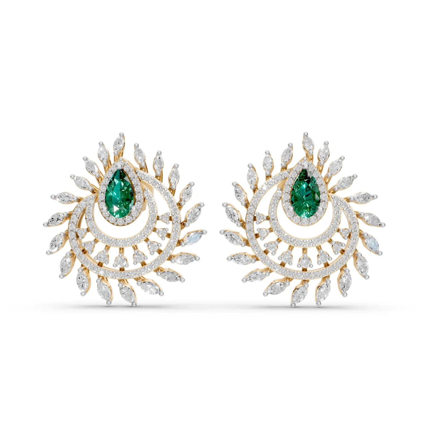 Pear Emerald Earrings with Marquise and Round Diamonds Yellow Gold