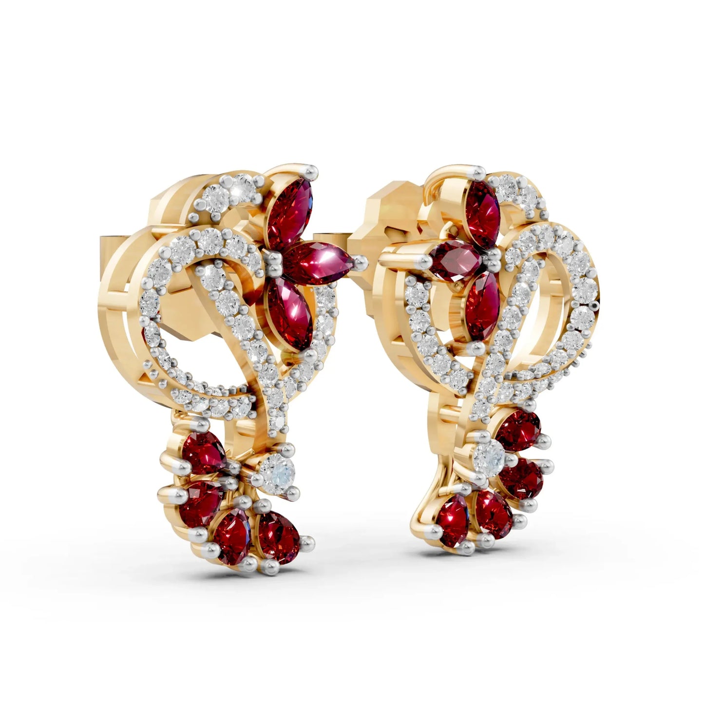 Ruby Floral Loop Earrings with Diamond Accents Yellow Gold