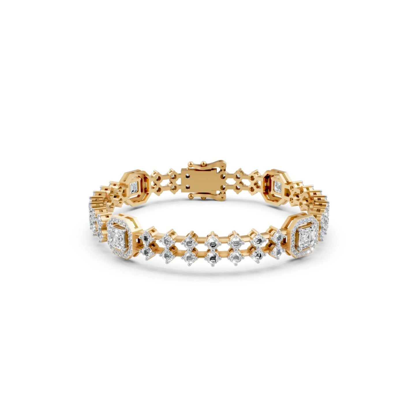 Diamond Bracelet with Halo Stations Yellow Gold