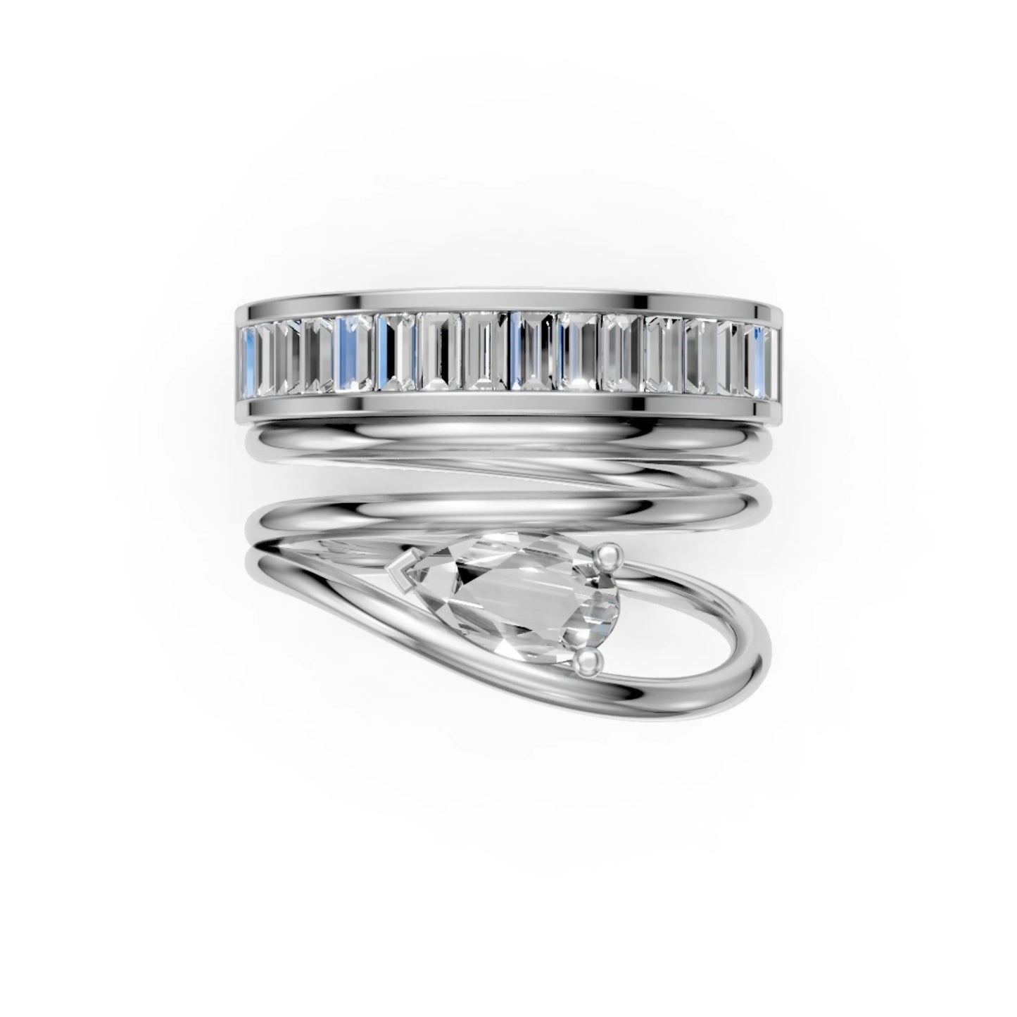 Pear Solitaire & Baguette Eternity Ring Set White Gold
