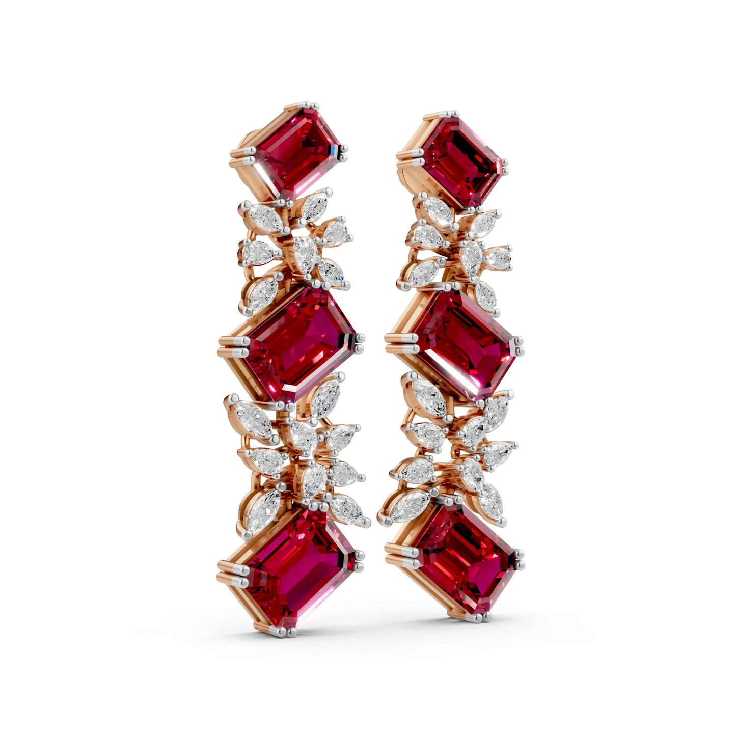 Emerald-Cut Ruby and Diamond Cascade Earrings Rose Gold