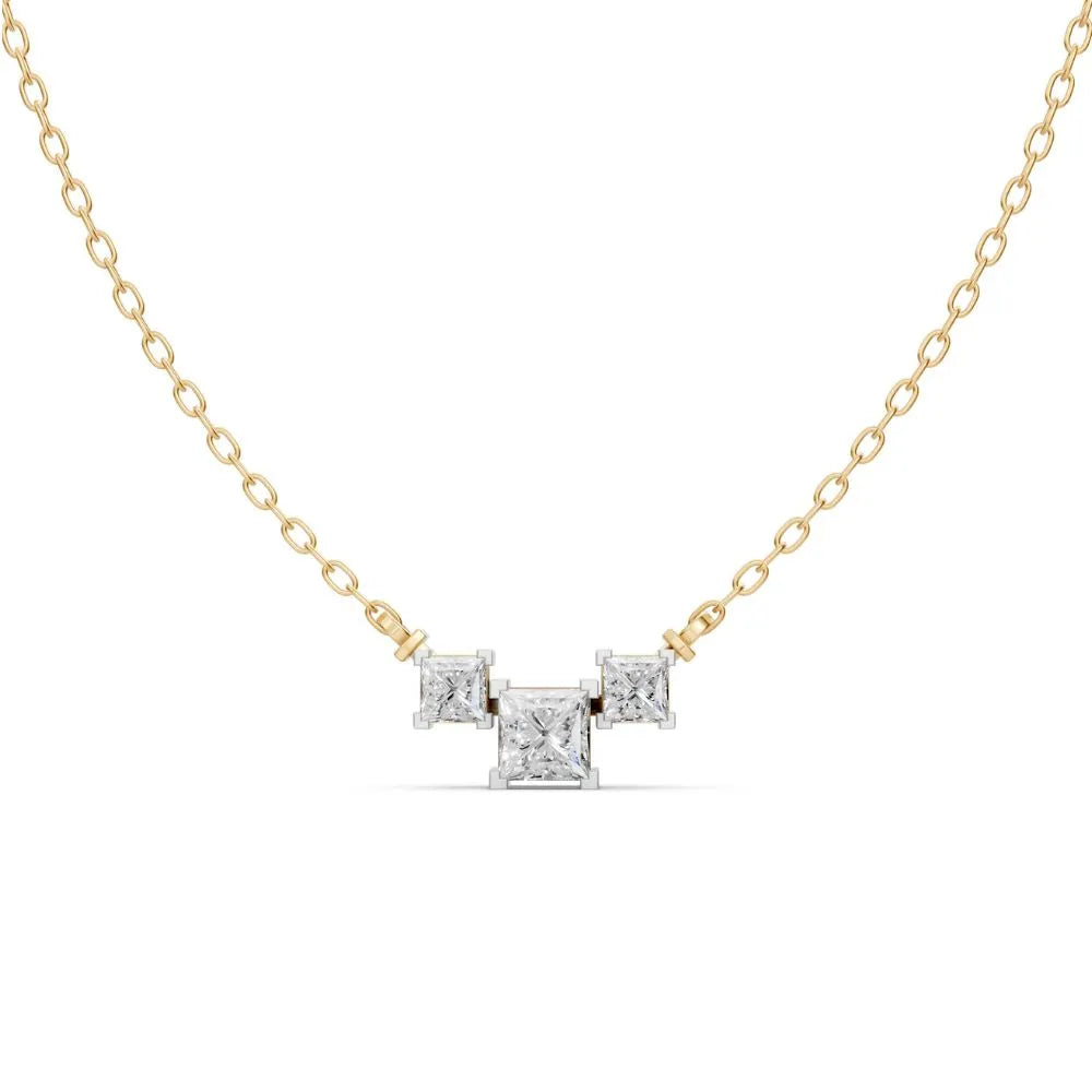 Princess-Cut Three Stone Lab Diamond Necklace Yellow Gold