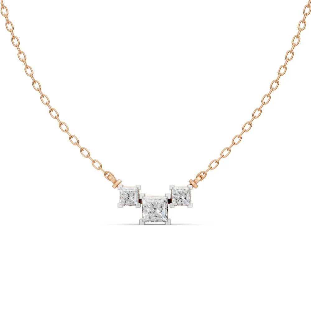 Princess-Cut Three Stone Lab Diamond Necklace Rose Gold 