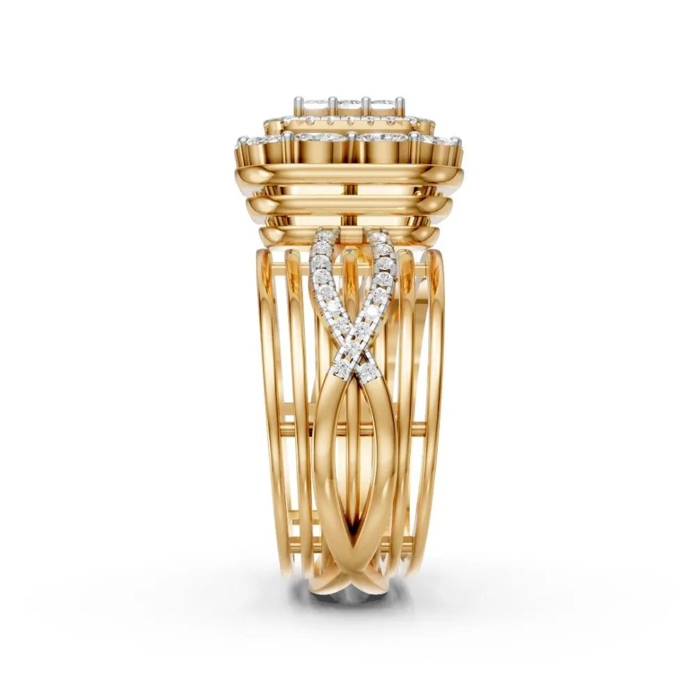Grandeur Square Halo Cluster Ring Yellow Gold