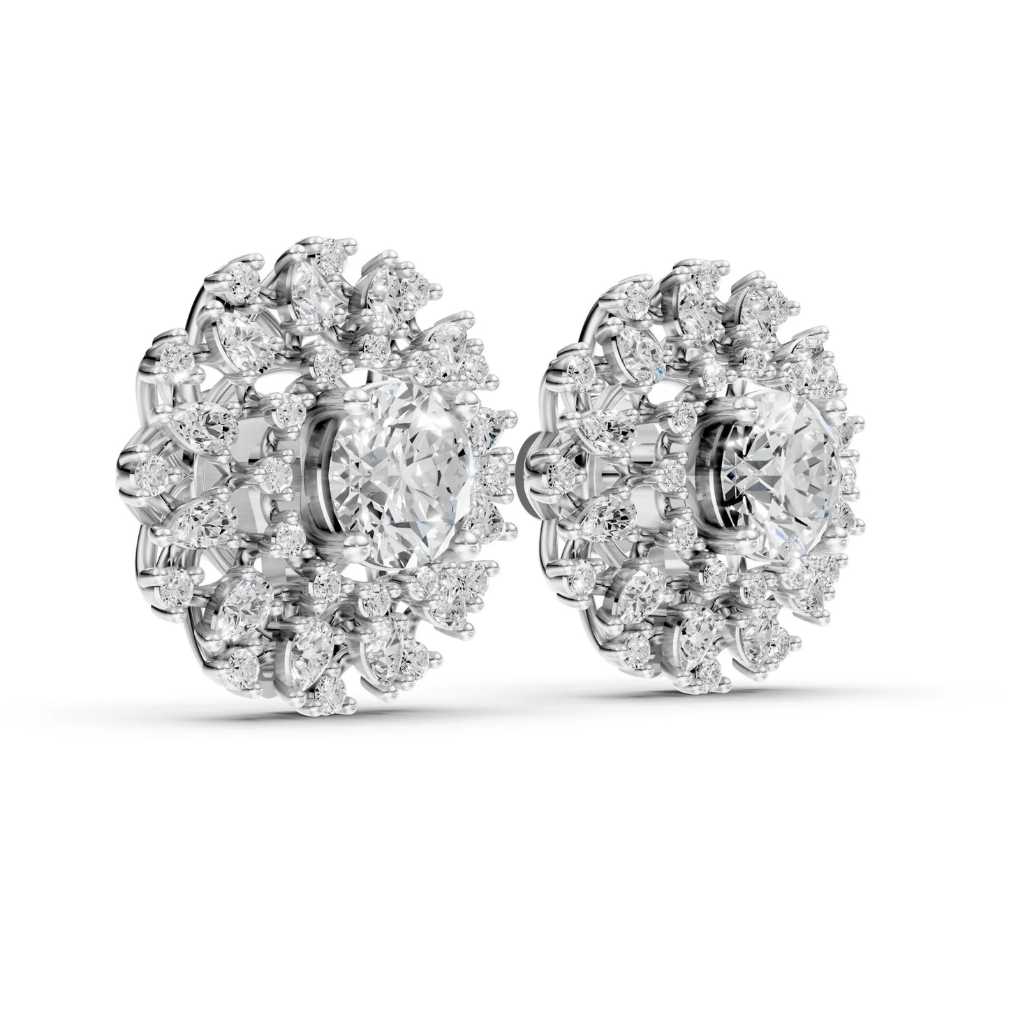 Round and Marquise Diamond Floral Stud Earrings White Gold