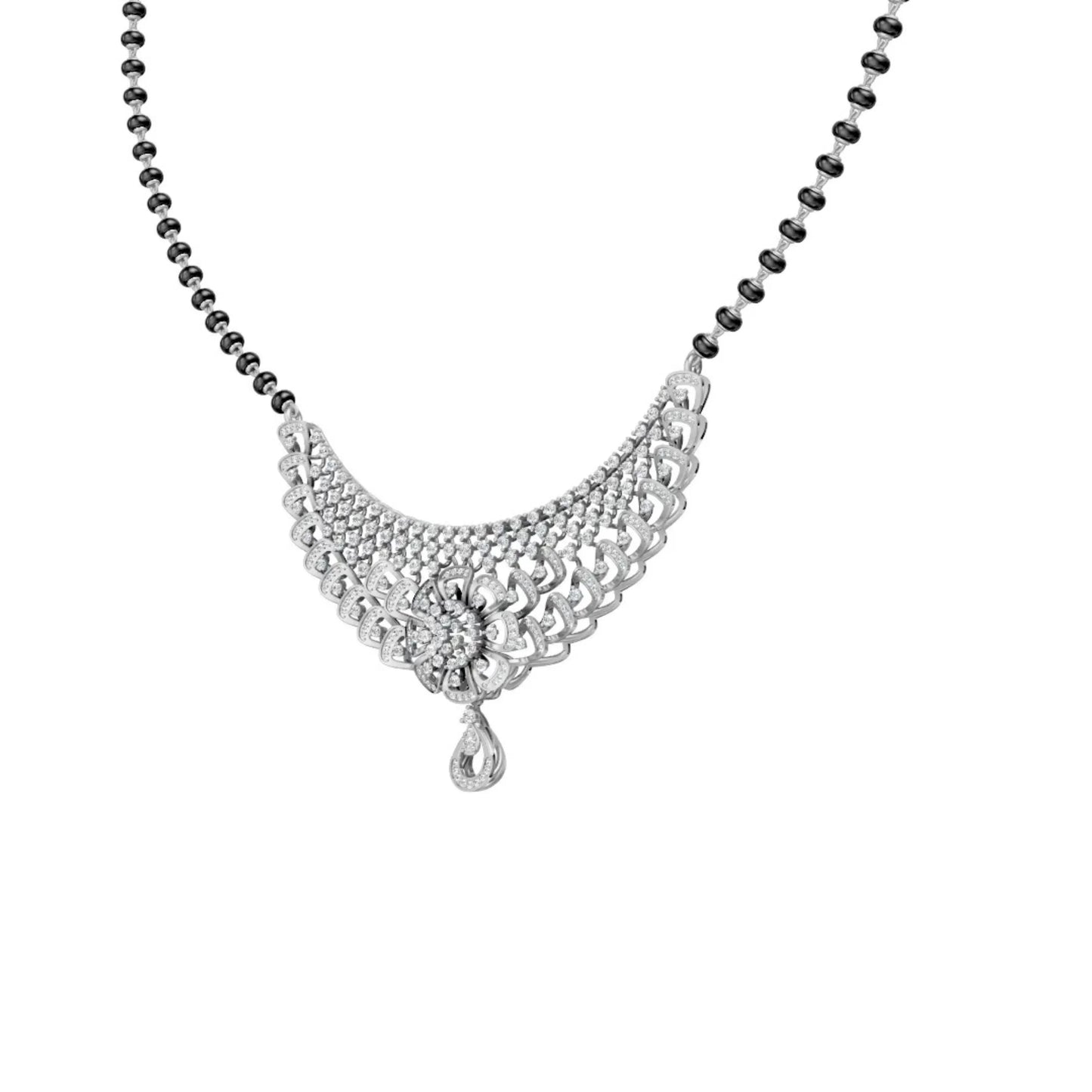 Designer Diamond Mangalsutra with Net-Inspired Floral Pendant White Gold