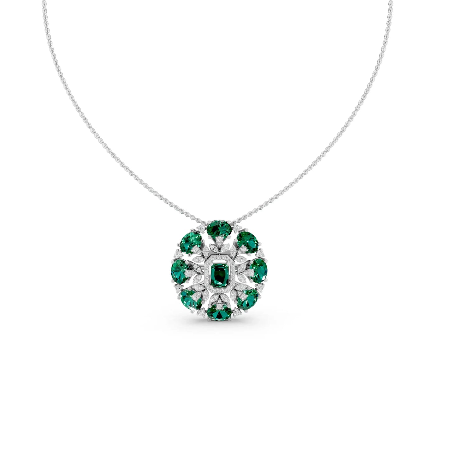Emerald Floral Cocktail Pendant White Gold