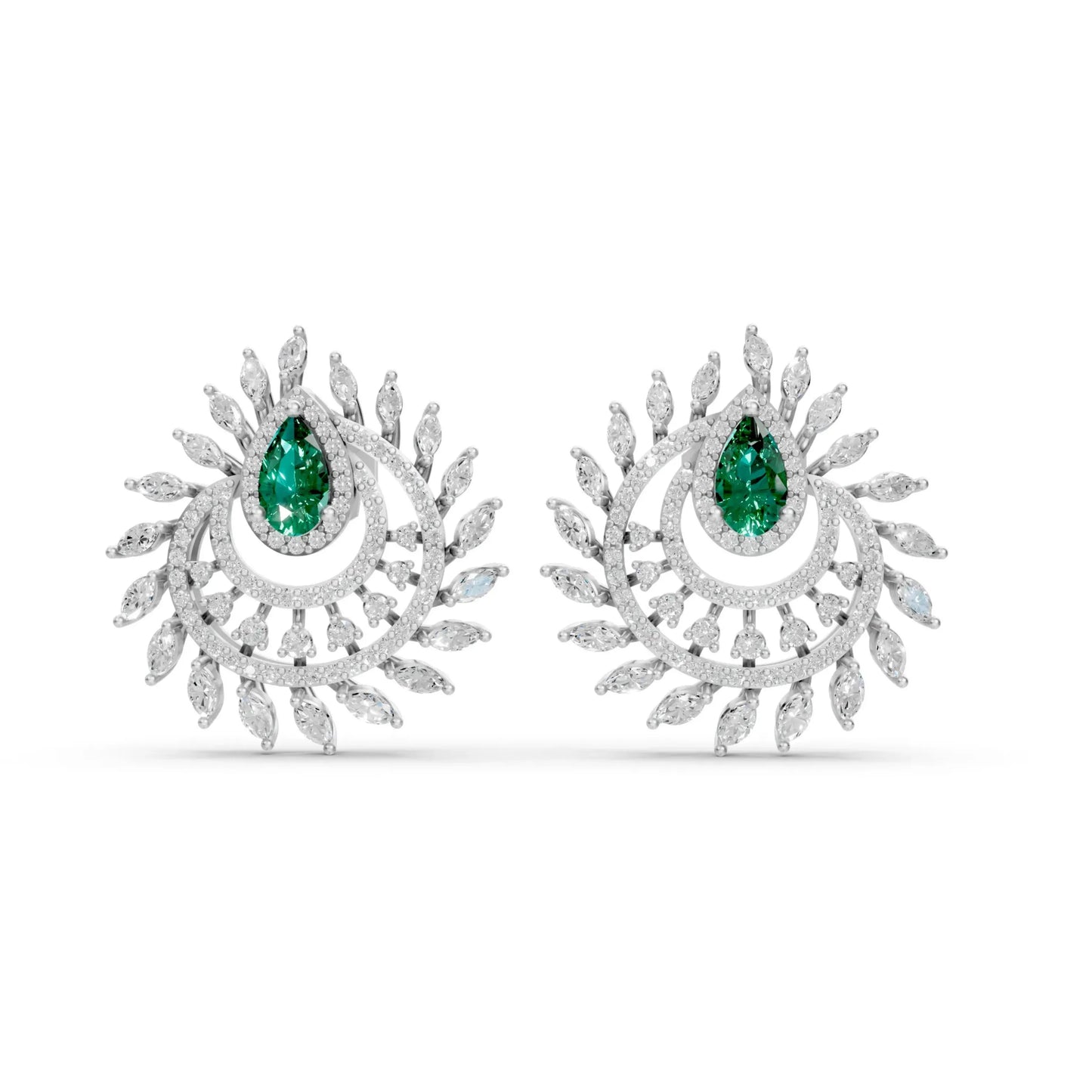 Pear Emerald Earrings with Marquise and Round Diamonds White Gold