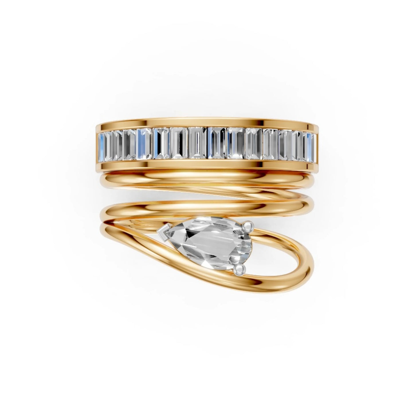Pear Solitaire & Baguette Eternity Ring Set Yellow Gold
