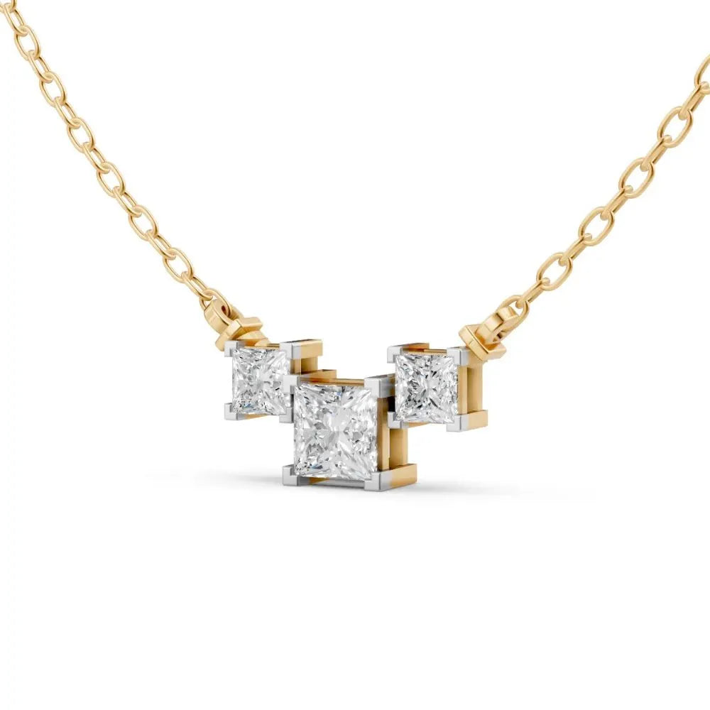 Princess-Cut Three Stone Lab Diamond Necklace Yellow Gold 