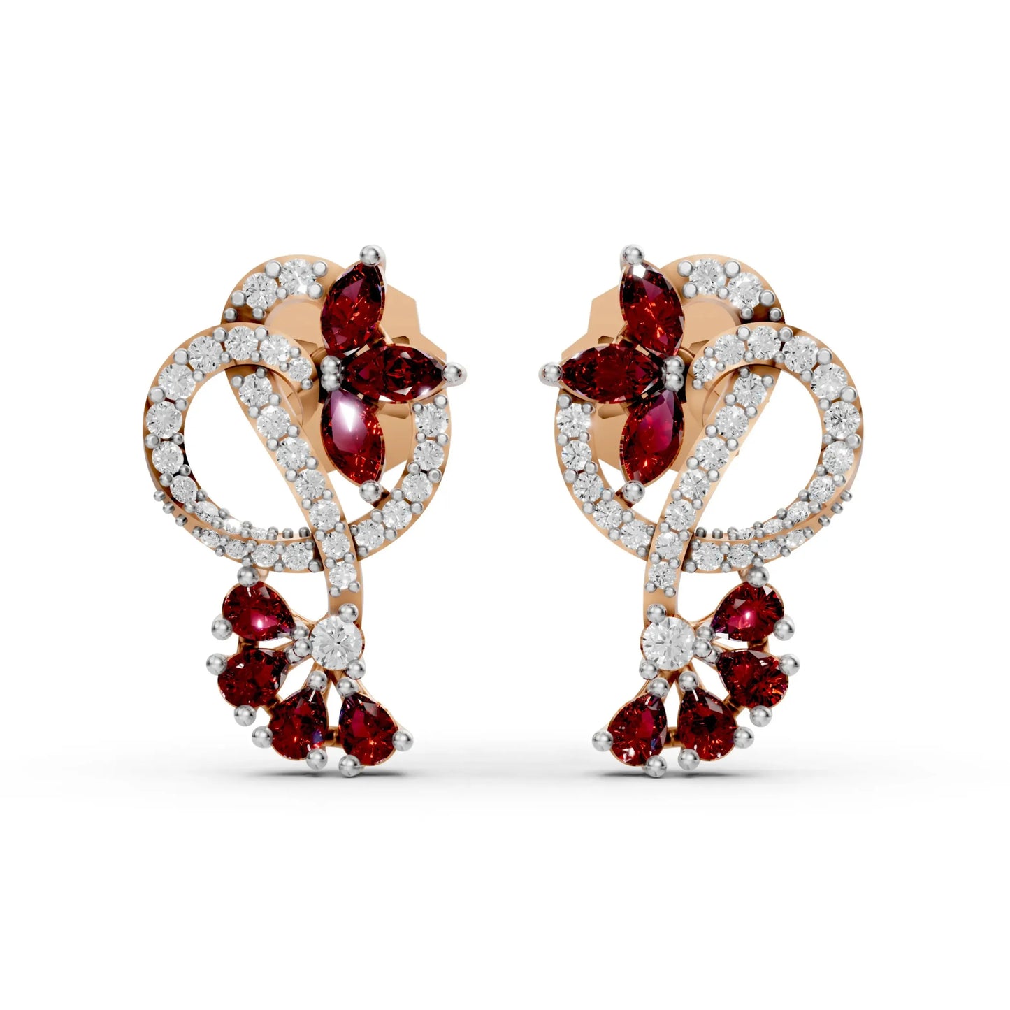 Ruby Floral Loop Earrings with Diamond Accents Rose Gold