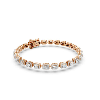 Emerald-Cut Halo Diamond Tennis Bracelet Rose Gold