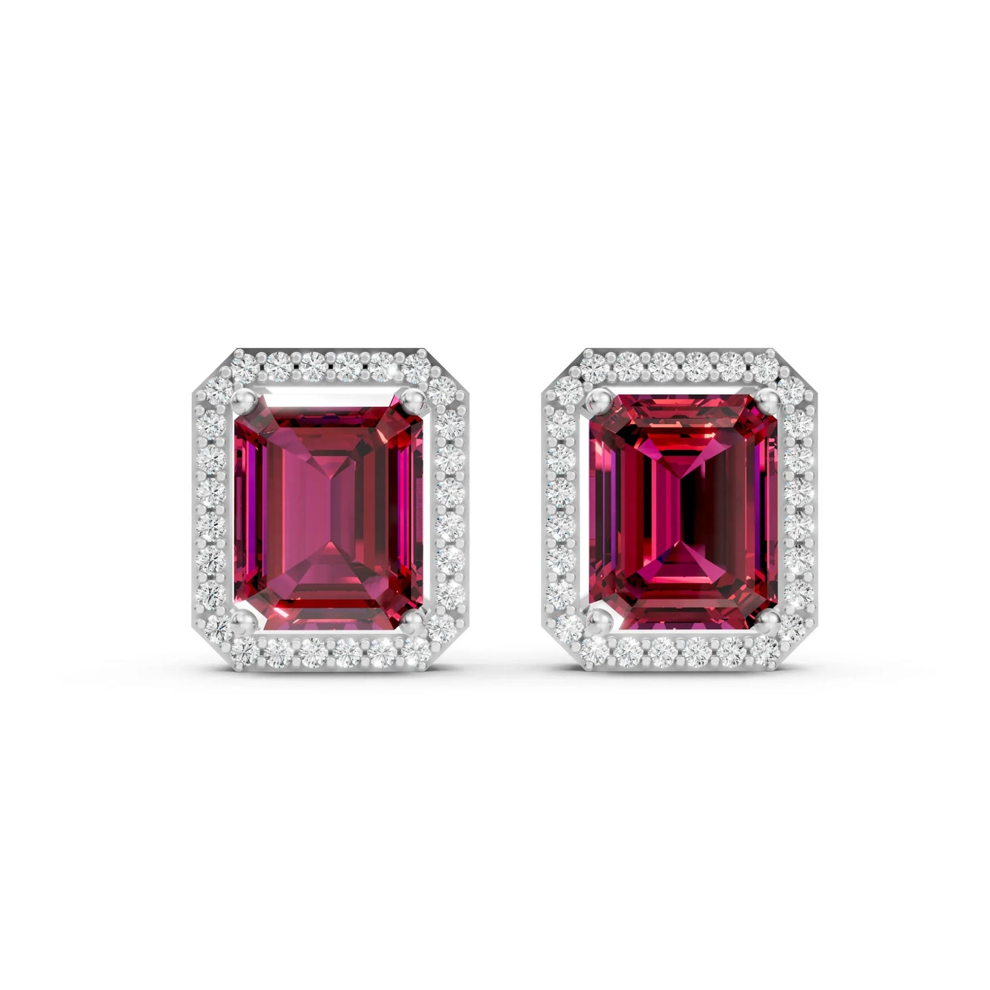 Emerald-Cut Color Stone Stud Earrings White Gold