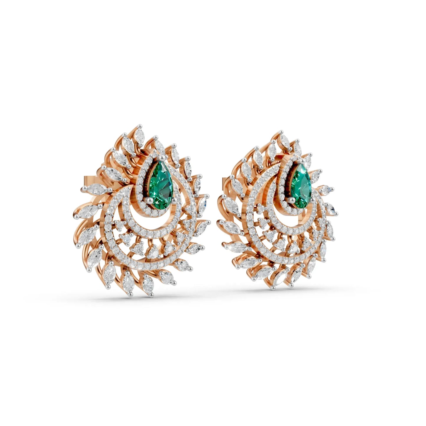 Pear Emerald Earrings with Marquise and Round Diamonds Rose Gold