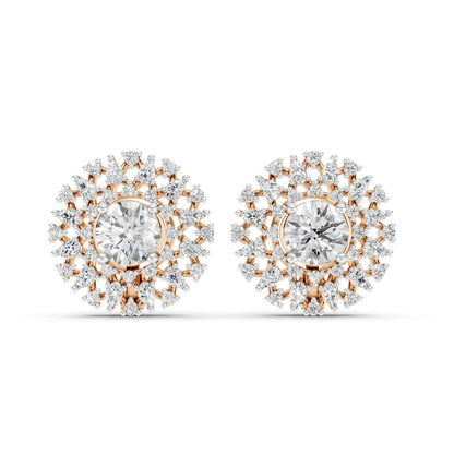 Round and Marquise Diamond Floral Stud Earrings Rose Gold 